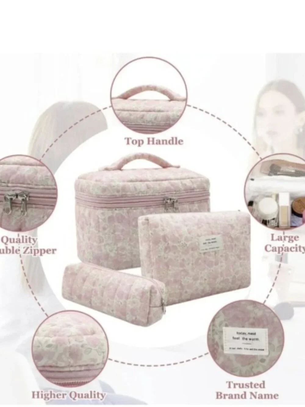 New in Bag, Senbowe foral quilted 3 piece makeup bag set